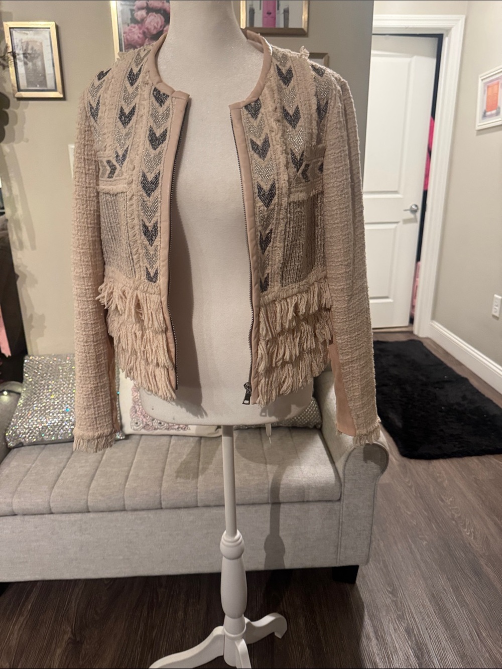 Rebecca Taylor Cream Fringe Knit Open-Front Cardigan with Navy Chevron